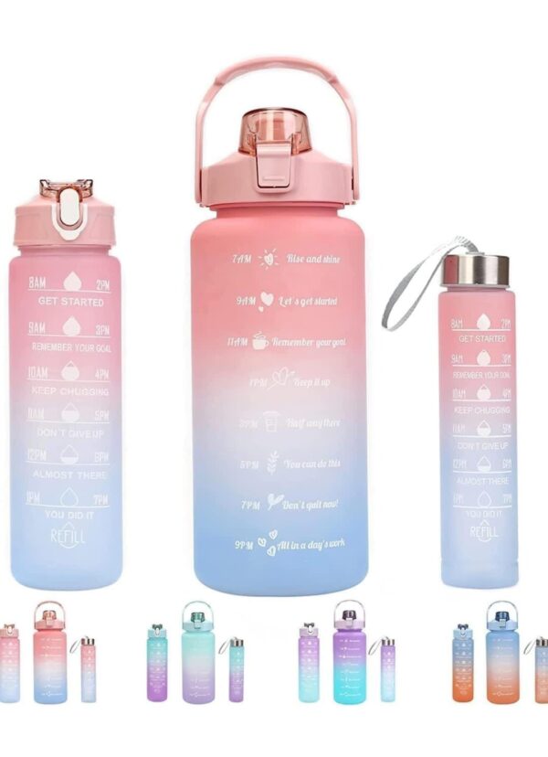 3-in-1 Motivational Water Bottle Set (2000ml, 900ml, 300ml) – Leakproof & BPA-Free Hydration Kit with Time Markers & Carry Straps – Ideal for Gym, Office, Travel, & School